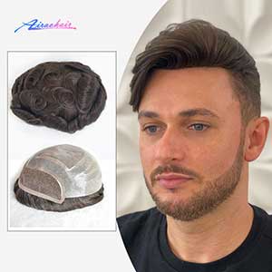 Adjustable 4 Holes Fine Mono Lace Human Hair Men Toupee with Front Lace Bleached